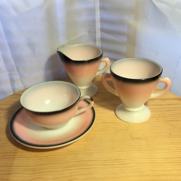 Vintage HAZEL ATLAS OVIDE Sugar & Cream Set w/1Cup & Saucer Retro Pink Black - Picture 4 of 8
